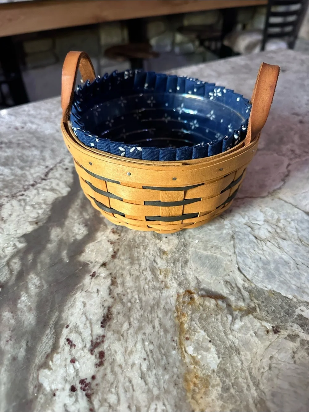 Longaberger Small Handwoven Basket with Navy Floral Liner